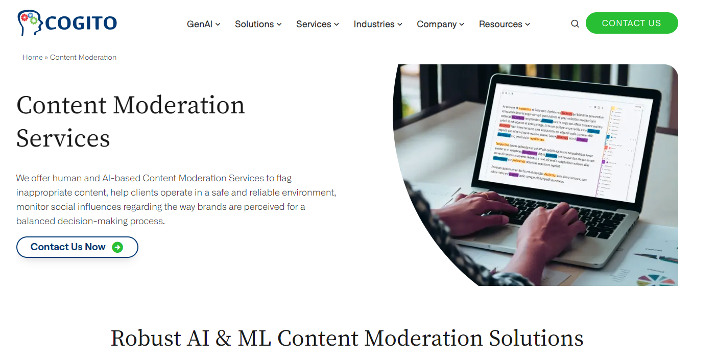 Cogito offers human and AI-based Content Moderation Services to flag inappropriate content,